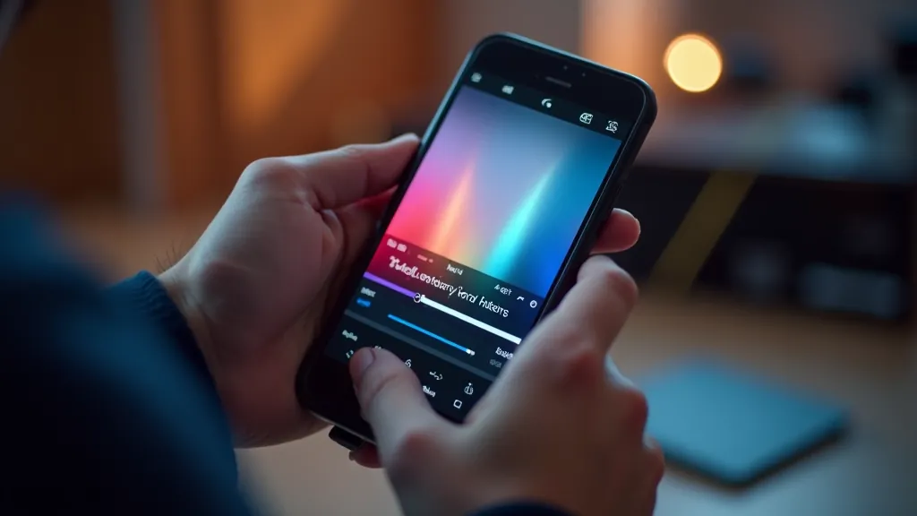 Viedtālruņa ekrānā redzams video ar spilgtām krāsām un dinamiskām tranzīcijām