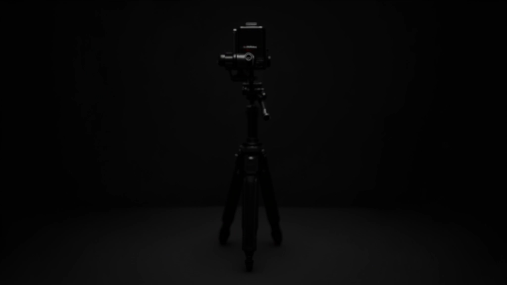 Jaunas videofilmēšanas kameras statīvs un stabilizators uz melnā fona