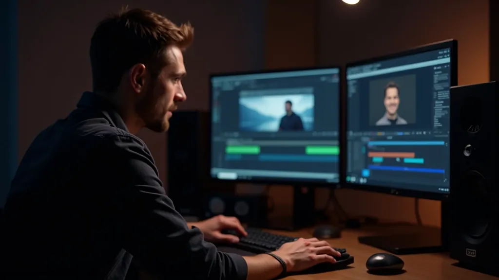 Videografs rediģē video uz datora ar specializētu programmatūru un klausulēm ausīs